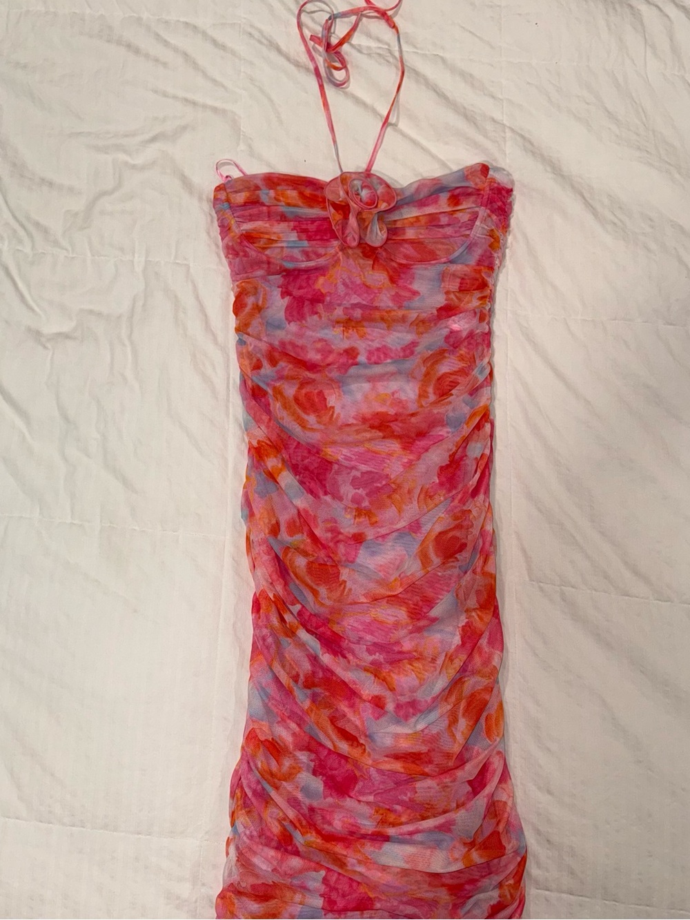 Zara Strapless Ruched Floral Dress in Pink and Orange